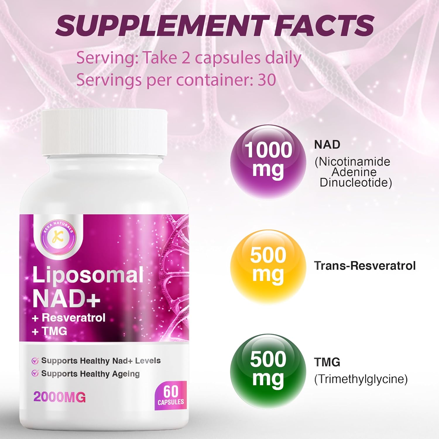 Pure NAD + Trans-Resveratrol + TMG | 2000mg | 3-in-1 Advanced Formula | NAD Resveratrol TMG Supplement | Boost NAD+ | Immune & Energy Support, Skin & Overall Health | 60 Capsules