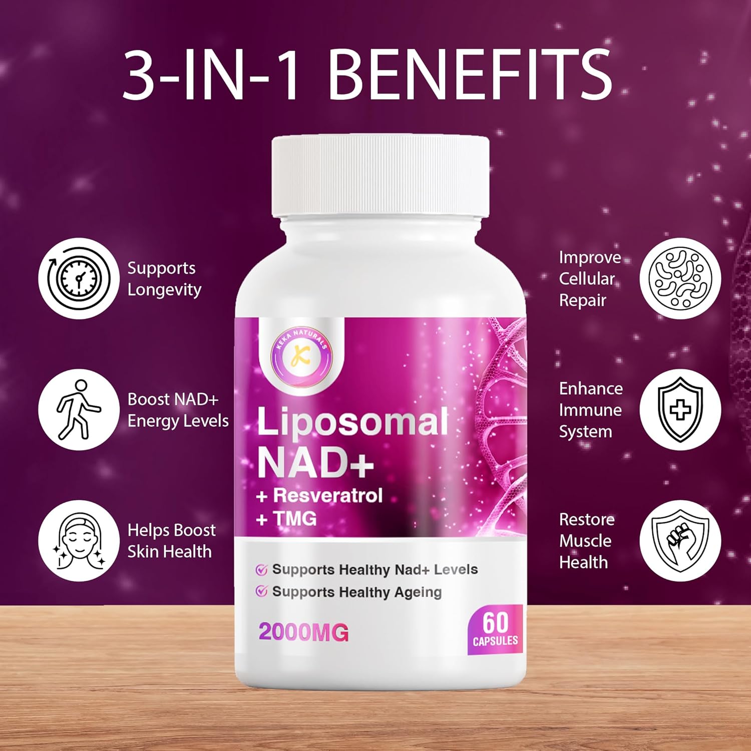 Pure NAD + Trans-Resveratrol + TMG | 2000mg | 3-in-1 Advanced Formula | NAD Resveratrol TMG Supplement | Boost NAD+ | Immune & Energy Support, Skin & Overall Health | 60 Capsules