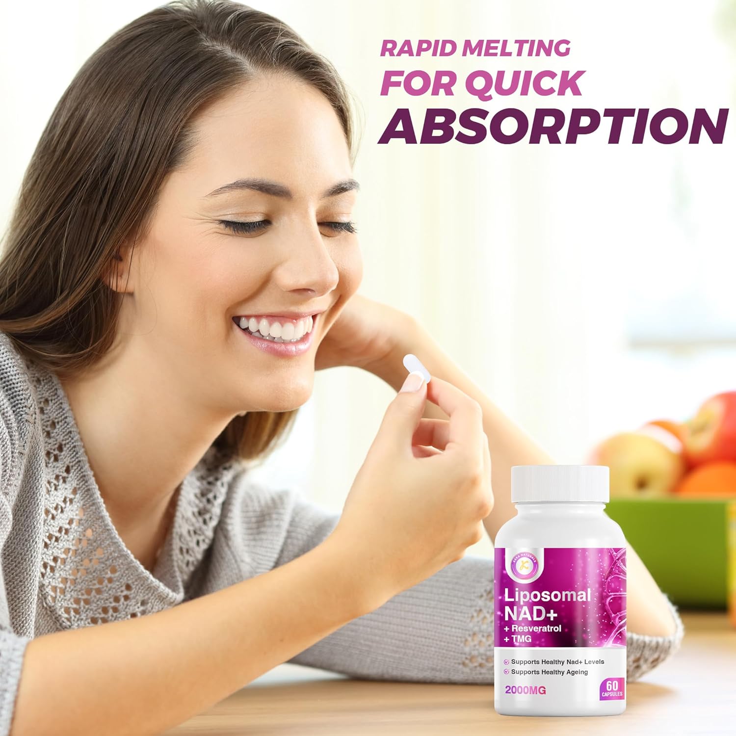 Pure NAD + Trans-Resveratrol + TMG | 2000mg | 3-in-1 Advanced Formula | NAD Resveratrol TMG Supplement | Boost NAD+ | Immune & Energy Support, Skin & Overall Health | 60 Capsules